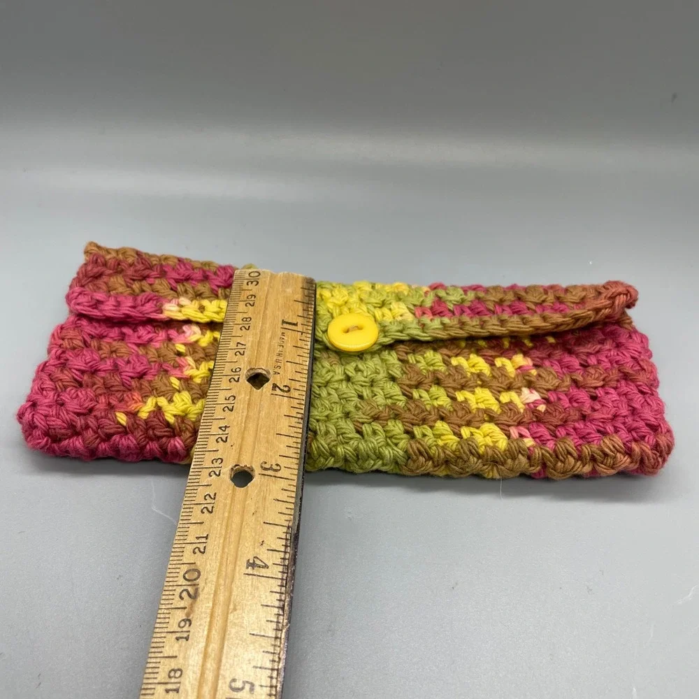Handmade Crochet Pouch Variegated Pink Yellow Green Button Closure eyeglass case